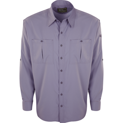 A close-up of the Flyweight Shirt with Vented Back L/S. A long-sleeved purple shirt featuring a logo and pocket. Lightweight, breathable, and quick-drying. Perfect for warm-weather outdoor activities.