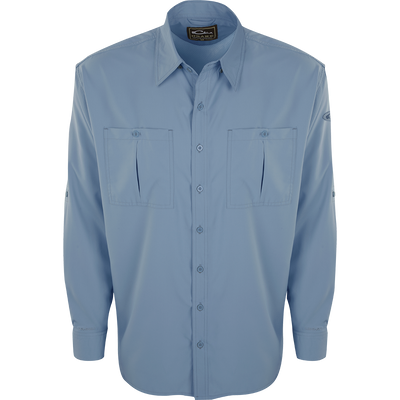A close-up of the Flyweight Shirt with Vented Back L/S. Lightweight, breathable, and quick-drying. Features Sol-Shield™ UPF 50+ sun protection, vented mesh back, and chest pockets. Perfect for warm-weather outdoor activities.