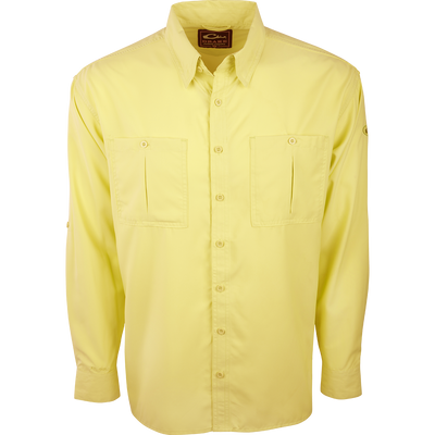 A yellow long sleeved Flyweight Shirt with vented back and chest pockets, made of ultra-lightweight polyester for quick-drying and moisture-wicking. Provides UPF 50+ sun protection.
