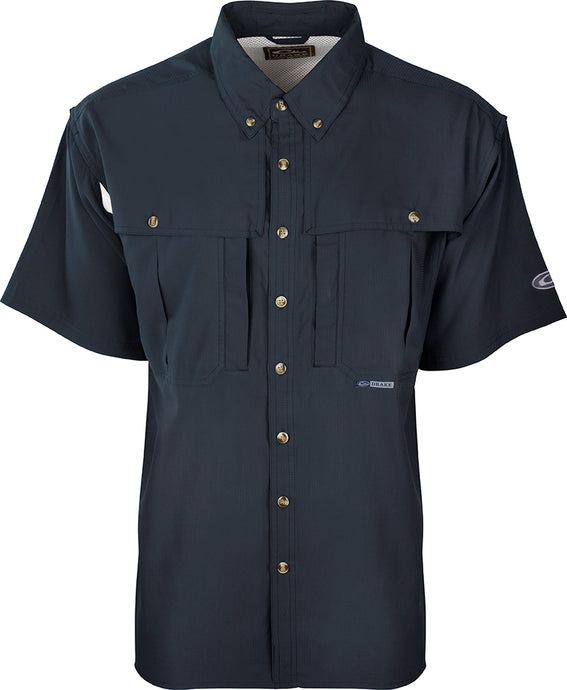 A black short sleeved shirt with buttons, perfect for active kids. Lightweight, quick-drying, and easy to clean. Comfortable and stylish for school, play, and in the field. Youth S/S Flyweight Wingshooter's Shirt.