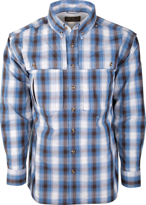 A close-up of the Wingshooter's Small Check Plaid L/S shirt with UPF 30+ protection, back vent, and chest pocket.