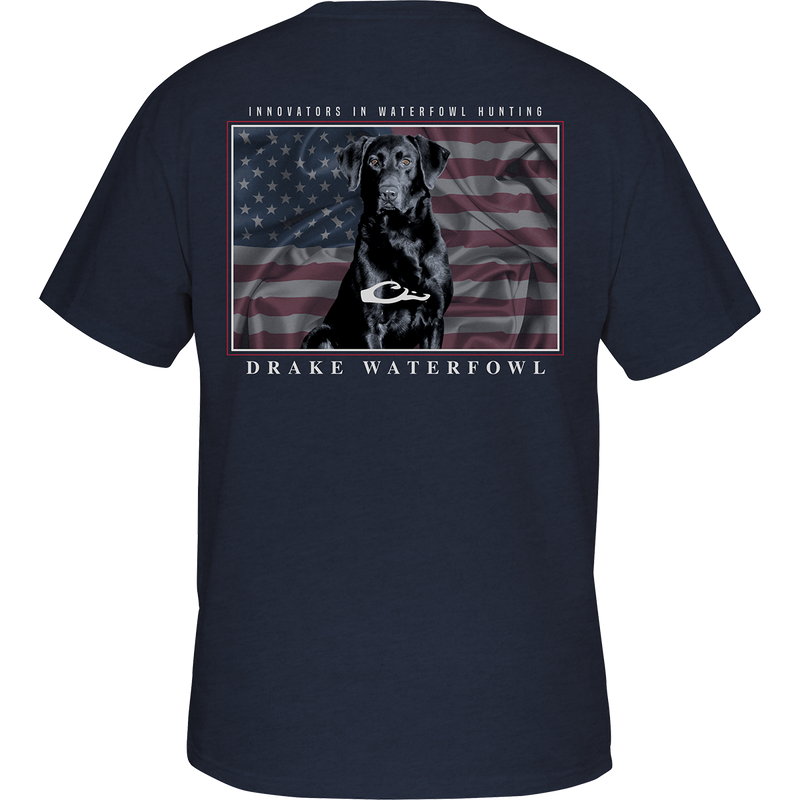 Youth Americana Lab T-Shirt with Drake logo on the front and an American Flag with Lab overprint. Soft and comfortable 60% cotton/40% polyester blend. Lightweight at 180 GSM. No front pocket. Final sale.