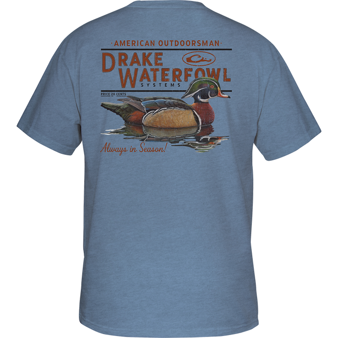 Youth Wood Duck T-Shirt featuring a back graphic of a Wood Duck from our Vintage Drake Series. Drake logo on the front. Lightweight and comfortable blend of cotton and polyester. Final Sale.