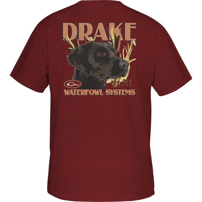 Youth Marsh Lab T-Shirt: Red shirt with a dog graphic on the back, featuring the Drake logo on the front. Lightweight and comfortable blend of cotton and polyester. No front pocket.