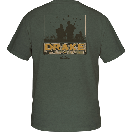 Back of a Youth Family Tradition T-Shirt with a picture of men holding guns, featuring the Drake logo and a scene from the Vintage Drakes Series.