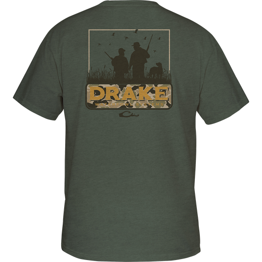 Back of a Youth Family Tradition T-Shirt with a picture of men holding guns, featuring the Drake logo and a scene from the Vintage Drakes Series.