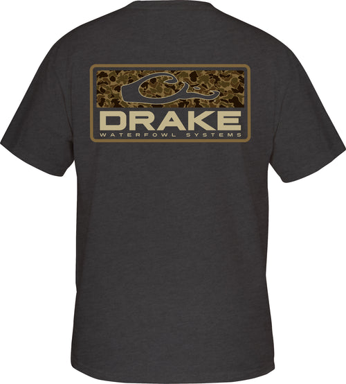 Old School Bar T-Shirt: Premium cotton tee with back screen print of exclusive Old School Camo & Drake Logo overprint. Front pocket with Drake Waterfowl logo.