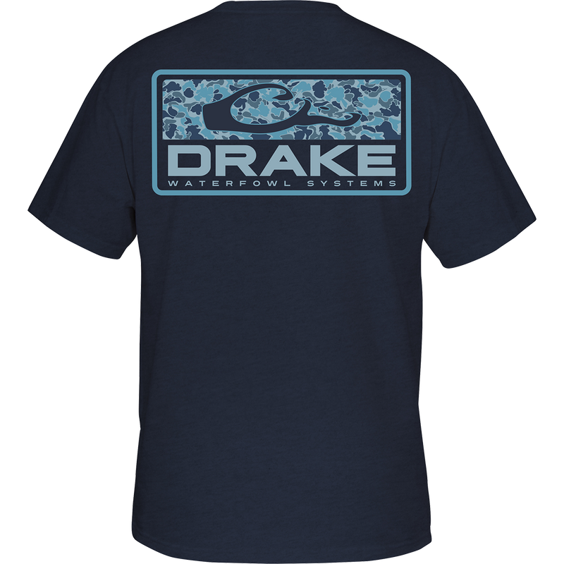 Premium Old School Bar T-Shirt: Back screen print of exclusive Old School Camo with Drake Logo overprint. Lightweight, 60% cotton/40% polyester or 100% cotton tee with front left chest pocket featuring classic Drake Waterfowl logo.