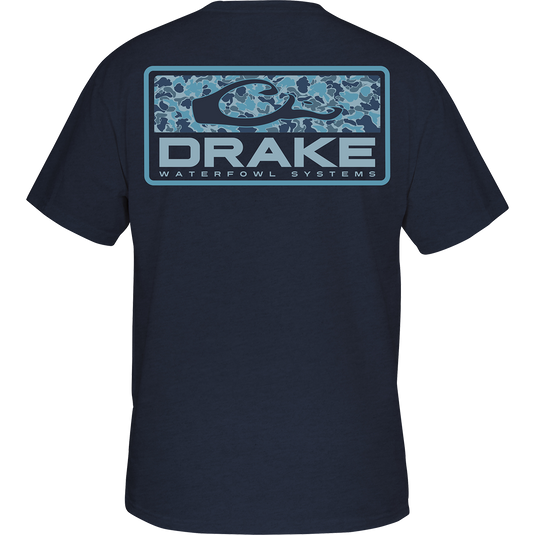Premium Old School Bar T-Shirt: Back screen print of exclusive Old School Camo with Drake Logo overprint. Lightweight, 60% cotton/40% polyester or 100% cotton tee with front left chest pocket featuring classic Drake Waterfowl logo.