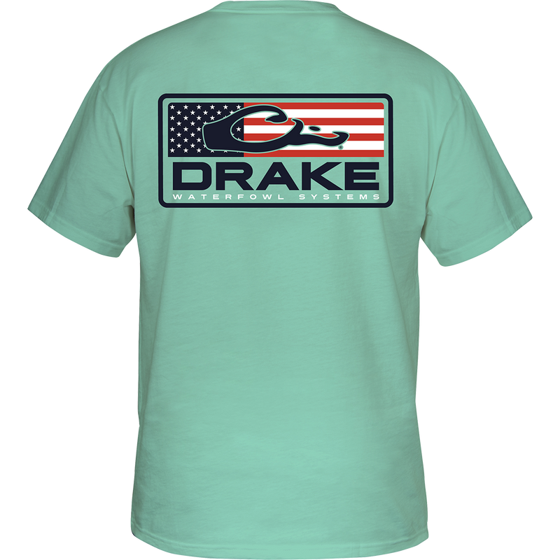 Patriotic Bar T-Shirt: Back of a tee with American Flag and Drake Logo overprint from the Americana Series. Front left chest pocket features Drake Waterfowl logo.