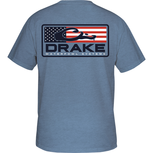 Patriotic Bar T-Shirt: Back view of a blue shirt with an American Flag and Drake Logo screen print. Front left chest pocket features the Drake Waterfowl logo.