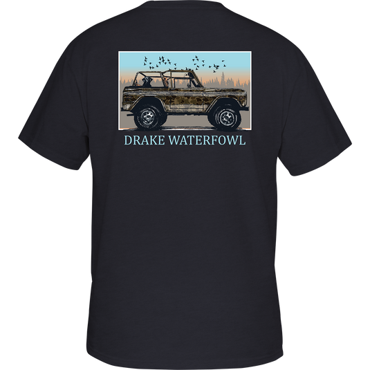Old School Ride Along T-Shirt: Black shirt with car graphic on back, featuring Drake logo pocket.