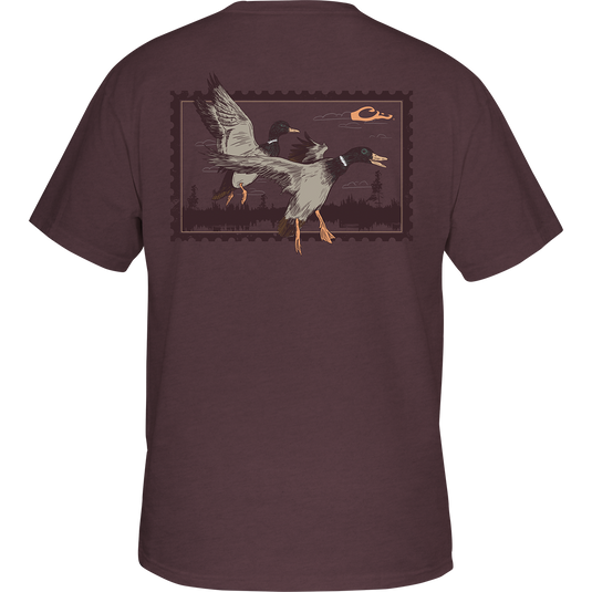 Sunset Flight T-Shirt with ducks flying and Drake logo on front pocket.