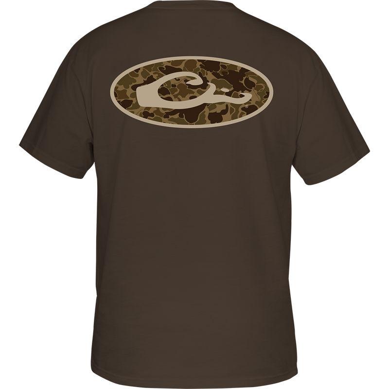 Old School Oval T-Shirt with back screen print of exclusive Old School Camo and Drake logo overprint. Front left chest pocket with classic Drake Waterfowl logo.