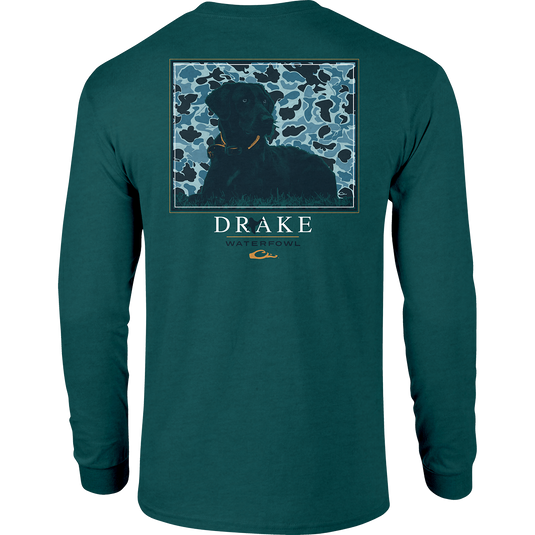 A long sleeved shirt with a dog logo in Old School Camo.