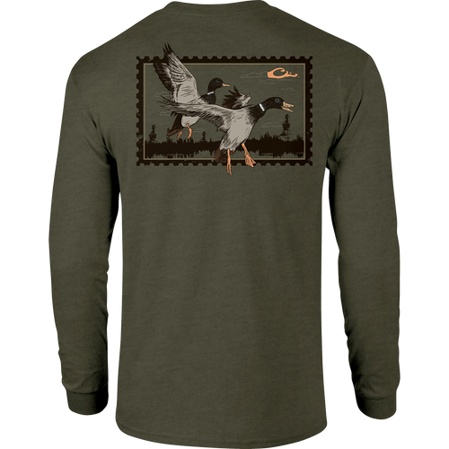 A long-sleeved green Sunset Flight T-Shirt with ducks in flight, featuring a Drake logo pocket. Constructed from 60% cotton and 40% polyester for comfort. Ideal for hunting and outdoor enthusiasts.