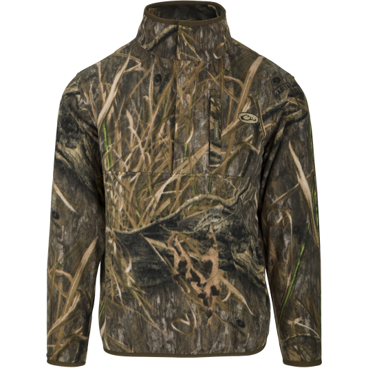 MST Camo Camp Fleece ¼ Placket Pullover: A camouflage jacket, perfect for hunting or layering with other outerwear. Made of lightweight, breathable polyester-fleece with moisture-wicking properties. Features include an anti-pill treatment, a Magnattach™ pocket, and a 4-snap placket closure.