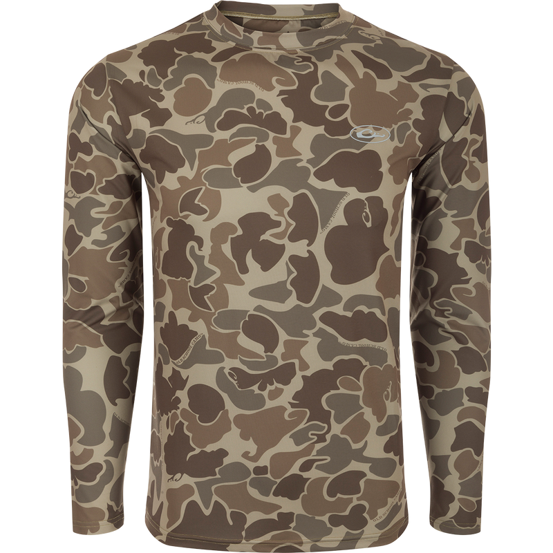 A long sleeved shirt with a camouflage pattern, designed for optimum comfort and durability. Made with 92% Polyester/8% Spandex and 4-Way Stretch for superior flexibility and protection. Features Shield 4 Sun™ UPF 50+, Shield 4 Coolant™, Shield 4 Odor™, and Shield 4 Stains™ treatments for effective sun, heat, odor, and stain protection.