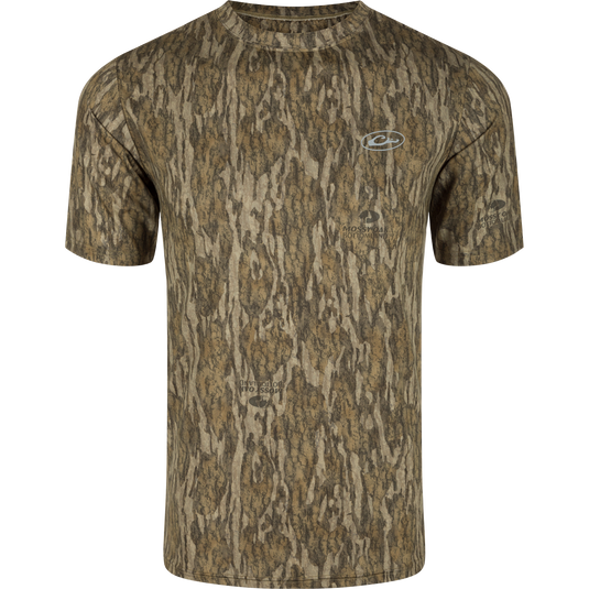A high-performance EST Camo Crew S/S shirt with 4-Way Stretch and Shield 4 treatments for sun, heat, odor, and stains protection.