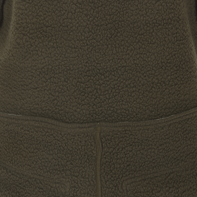 MST Ultimate Wader Bib: A close-up of a khaki jacket with a zipper and fleece lining. Features include slash handwarmer pockets and articulated knees for ease of movement.