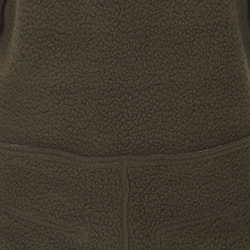 MST Ultimate Wader Bib: A close-up of a khaki jacket with a zipper and fleece lining. Features include slash handwarmer pockets and articulated knees for ease of movement.