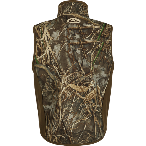 EST Camo Windproof Tech Vest - A close-up of a camouflage vest with a logo, showcasing its windproof features and functionality.