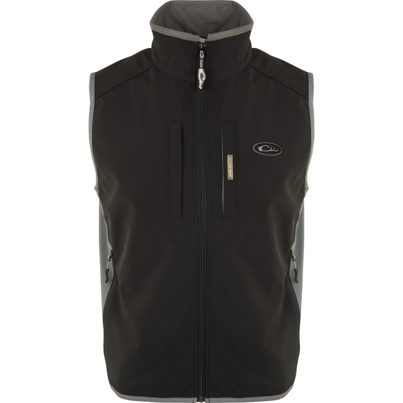 A black EST Windproof Tech Vest with a zipper and multiple pockets, perfect for outdoor activities and everyday wear.