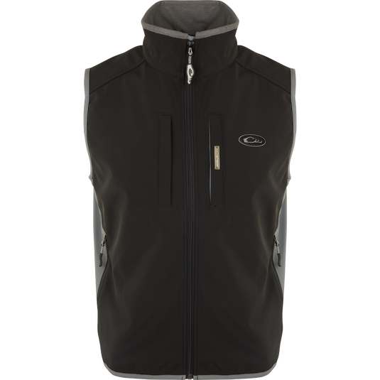 A black EST Windproof Tech Vest with a zipper and multiple pockets, perfect for outdoor activities and everyday wear.