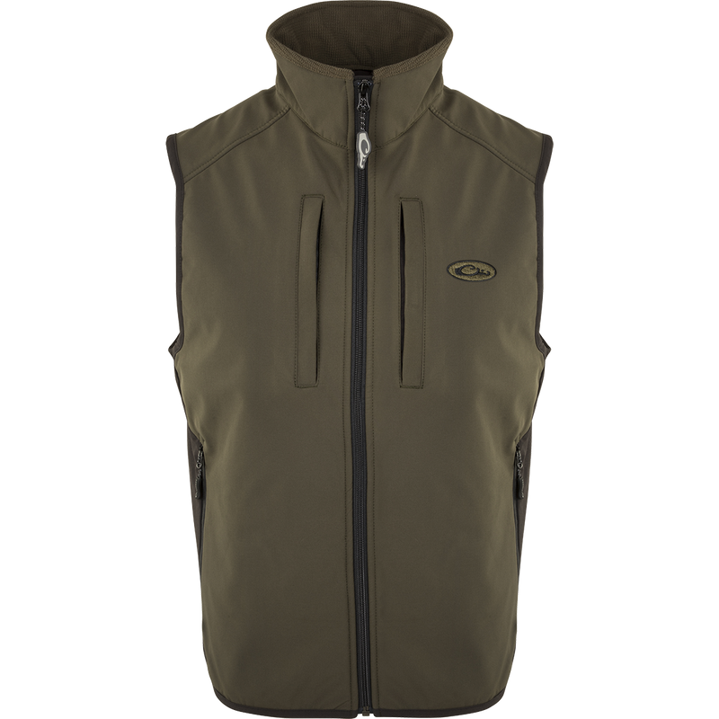 EST Windproof Tech Vest, a top with a collar and zipper. Features include multiple pockets, drawstring waist, and four-way stretch side panels. Perfect for outdoor activities and everyday wear.