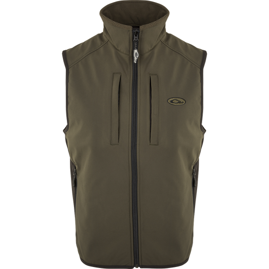 EST Windproof Tech Vest, a top with a collar and zipper. Features include multiple pockets, drawstring waist, and four-way stretch side panels. Perfect for outdoor activities and everyday wear.