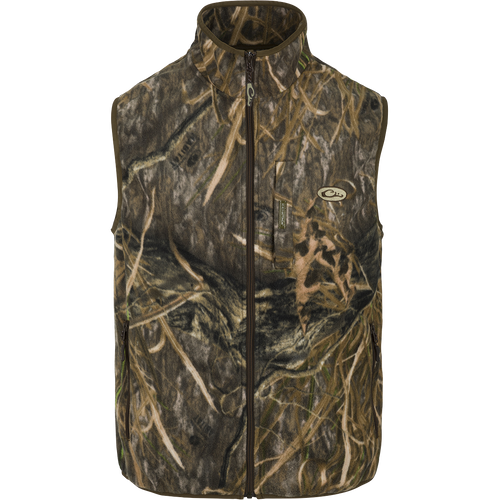 MST Camo Camp Fleece Vest - Lightweight, breathable poly-fleece vest with moisture-wicking properties. Features anti-pill treatment, Magnattach™ pocket, and zippered hand warmer pockets. Ideal for layering under Drake outerwear or for Spring/Fall outfits.
