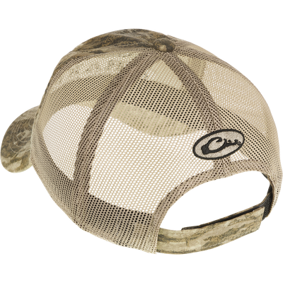 Mesh Back Camo Cap with lightweight cotton and mesh construction. Breathable and comfortable for outdoor trips. Semi-structured mesh-back panels blend with lightly structured front panels. Adjustable fit with hook and loop closure.