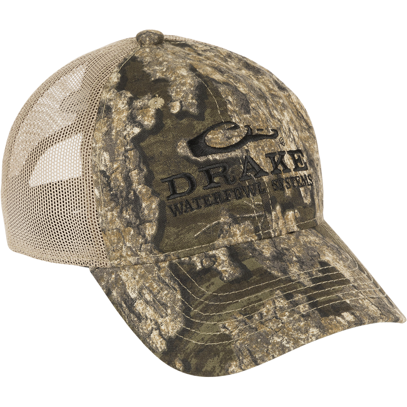 Mesh Back Camo Cap: Lightweight cotton and mesh construction for breathability and comfort on outdoor trips. Semi-structured mesh-back panels seamlessly blend with lightly structured front panels. Adjustable fit with hook and loop closure.