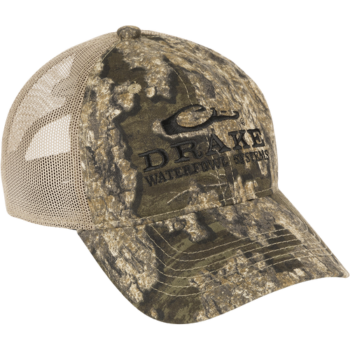 Mesh Back Camo Cap: Lightweight cotton and mesh construction for breathability and comfort on outdoor trips. Semi-structured mesh-back panels seamlessly blend with lightly structured front panels. Adjustable fit with hook and loop closure.