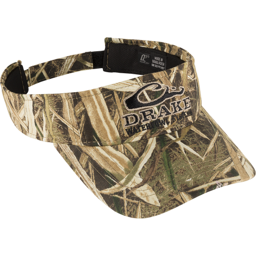 A low-profile visor with Drake Waterfowl Systems embroidery on the front. Velcro back closure. Features the Drake Logo.