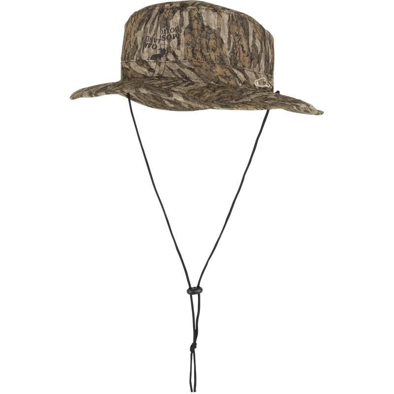 Waterproof Boonie Hat with full brim for 360° sun and rain protection. Lined with mesh for mild and cold weather. Adjustable drawstring.