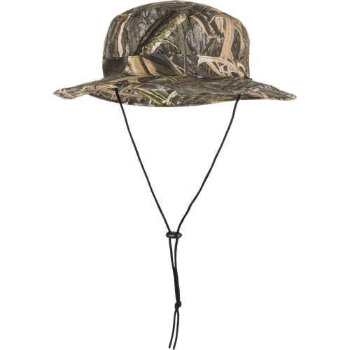 Waterproof Boonie Hat with full brim for 360-degree sun and rain protection. Lined with mesh for mild to cold weather. Adjustable drawstring.