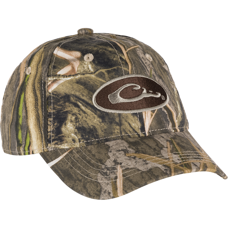 Camo Cotton Cap with hook and loop closure, featuring full camo concealment and lightweight cotton construction. Perfect for hunting and outdoor activities.