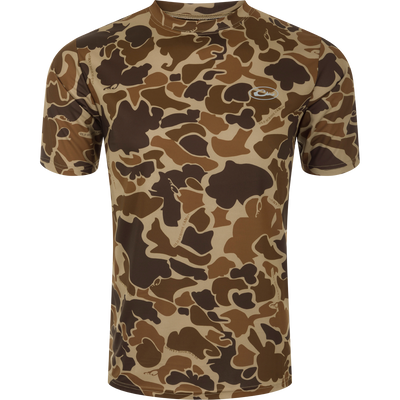 A close-up of a Youth EST Camo Performance Short Sleeve Crew shirt on a mannequin, showcasing its 4-Way Stretch capabilities and Shield 4 Sun™ UPF 50+ Treatment for outdoor activities.
