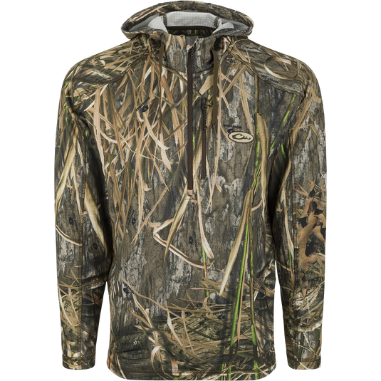MST Breathelite 1/4-Zip Camo Hooded Base Layer: A technical athletic layer with 4-Way Stretch and raglan sleeves for improved mobility. Features a vertical zippered chest pocket and a soft hooded design for added warmth.