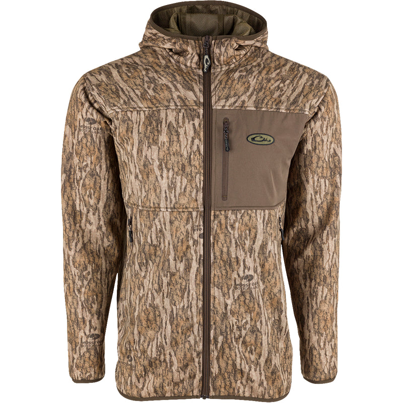 Technical Performance Fleece Full Zip jacket with hood, featuring a tree pattern. Close-ups of bag, jacket, and logo. 100% polyester, lightweight and breathable. Ideal for outdoor activities.