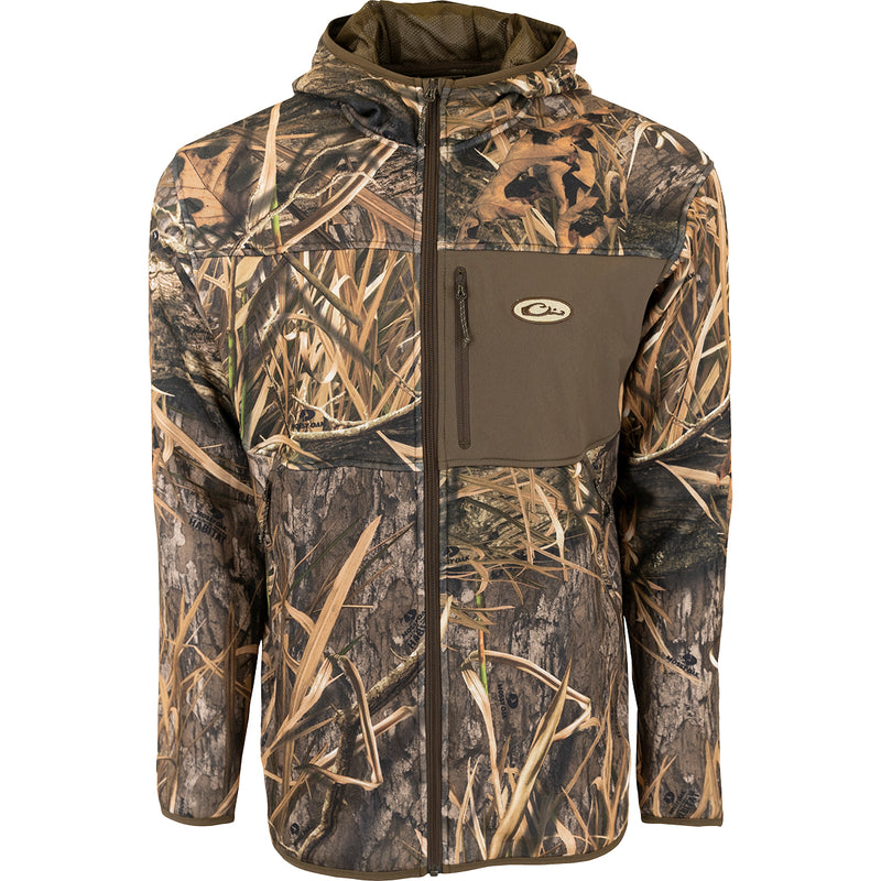 Technical Performance Fleece Full Zip jacket, perfect for warmer days. Lightweight and breathable with 4-way stretch. Features vertical zippered chest pocket, lower zippered pockets, and fleece-lined hood. Ideal for outdoor activities.
