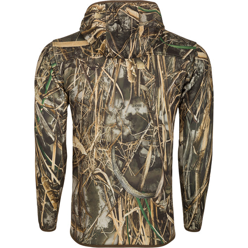 A Technical Performance Fleece Full Zip jacket, perfect for warmer days. Lightweight and breathable with 4-way stretch. Features include vertical zippered chest pocket, lower zippered pockets, and a fleece-lined hood. Ideal for outdoor activities like hunting and fishing.