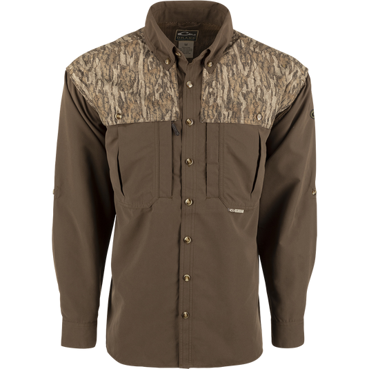 A lightweight, breathable Wingshooter's Shirt with a camouflage design. Features include vents, mesh lining, and button tabs on sleeves. Perfect for hunting and shooting activities.