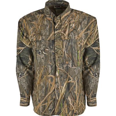 A lightweight, breathable Wingshooter's Shirt in EST Camo pattern. Features vents, mesh, and button tabs on sleeves for comfort and style.