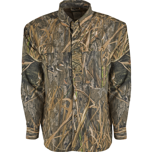 A lightweight, breathable Wingshooter's Shirt in EST Camo pattern. Features vents, mesh, and button tabs on sleeves for comfort and style.