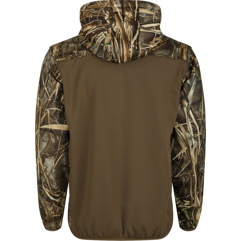 MST Endurance Soft Shell Hoodie: A camouflage jacket with a quarter-zip neck, fleece-lined hood, and lower zipped pockets. Mesh-lined sleeves for mobility.