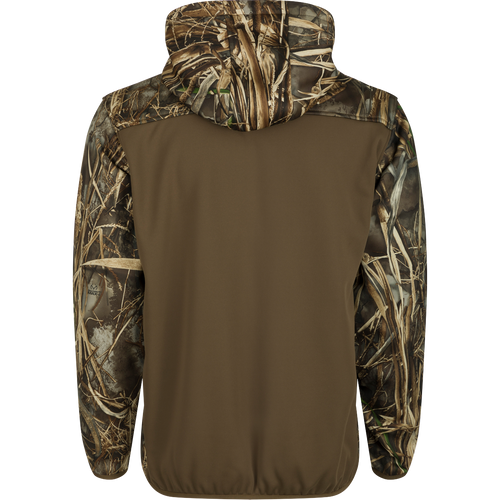 MST Endurance Soft Shell Hoodie: A camouflage jacket with a quarter-zip neck, fleece-lined hood, and lower zipped pockets. Mesh-lined sleeves for mobility.