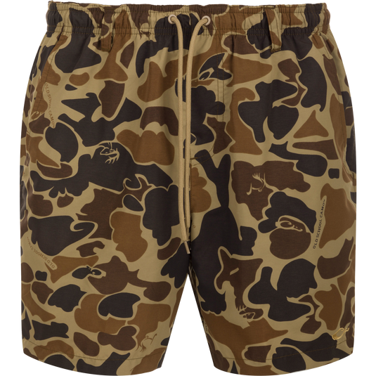 Dock Short 6" - Camouflage shorts with elastic waist, drawstring, and multiple pockets. Made from durable nylon/spandex blend with quick-drying, water-resistant finish. Perfect for outdoor activities.