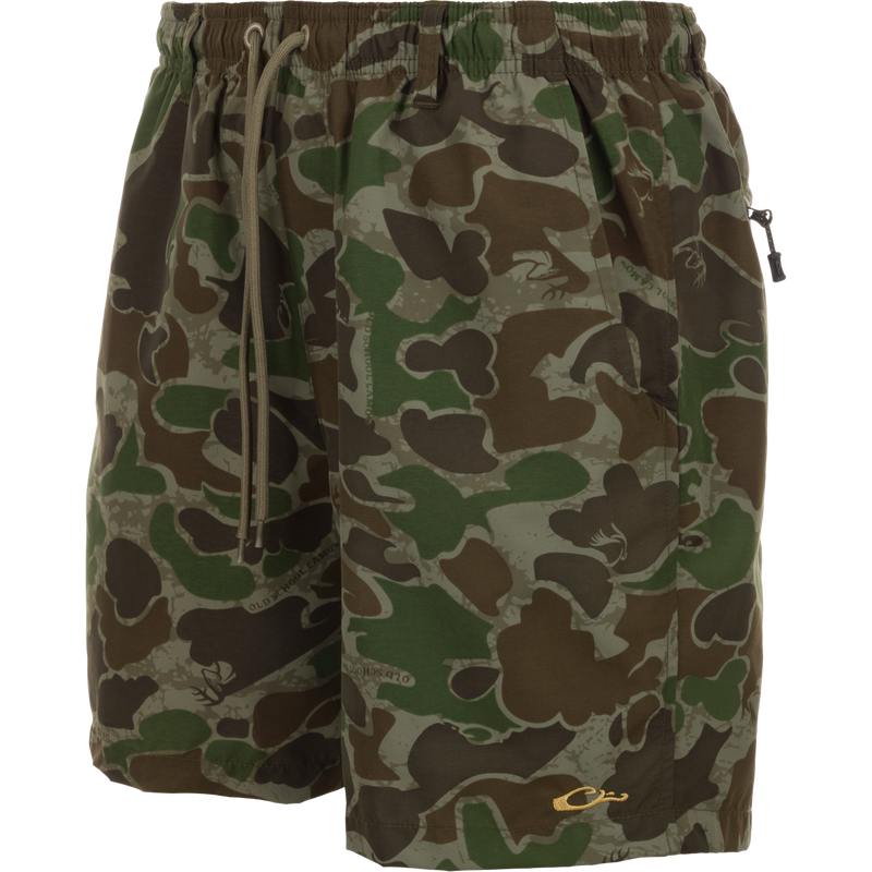 Camo Dock Shorts - Old School Green: Durable nylon shorts with elastic waist, drawstring, and multiple pockets. Water-resistant and quick-drying.